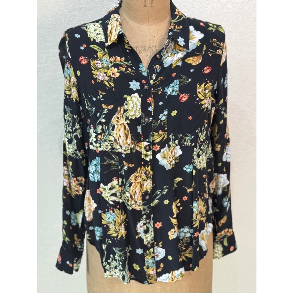 Anthropologie Maeve Black Whimsygoth Floral Button- Up Shirt